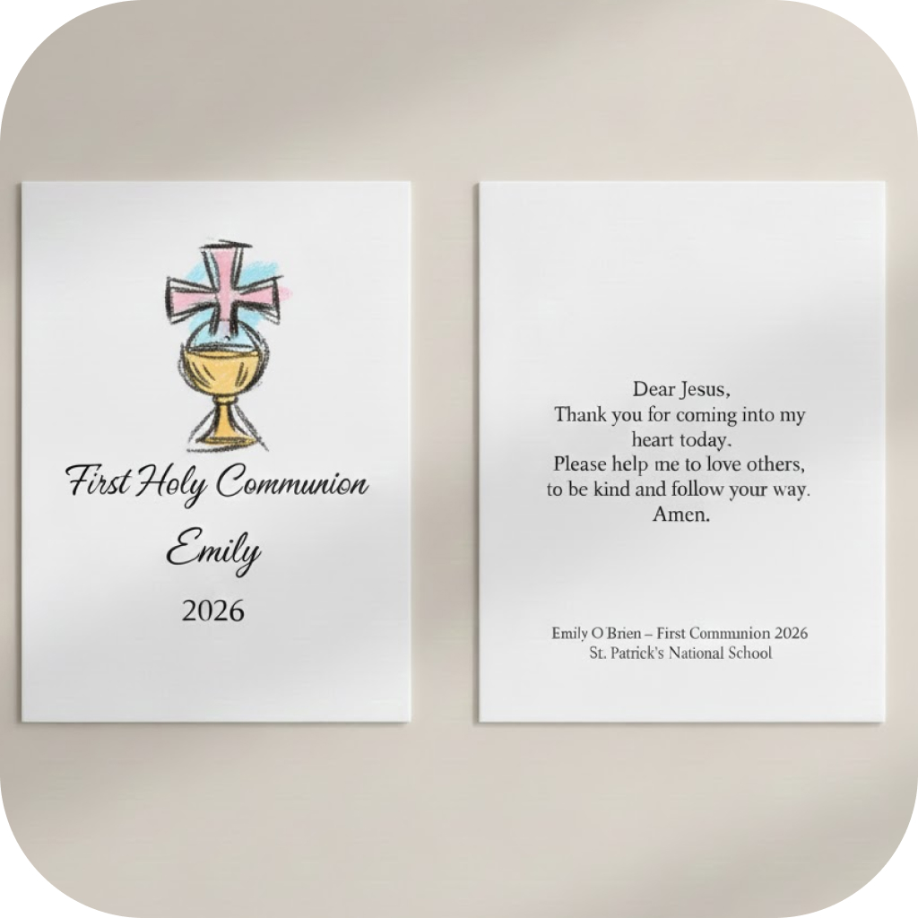 A prayer card with a child-like drawing of a chalice and a crucifix above it. The text "First Holy Communion Emily 2026" is written below it. On the back is a prayer and the child's name and school