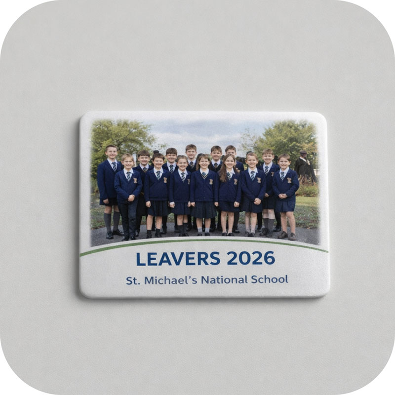 A fridge magnet with a class group photo. The text says leavers 2026 and "St.Michael's National Scool."