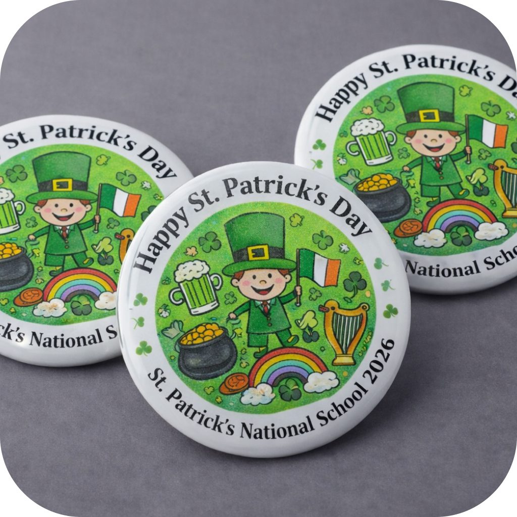 Round badges with Children's St. Patrick's Day artwork in the centre and the text "Happy St.Patrick's Day. St. Patrick's National School 2026."