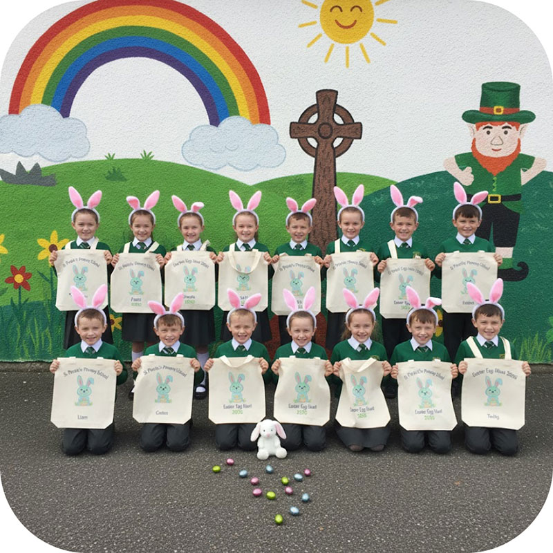 A group photo of school children smiling and holding up their Easter bags that are decorated in their own artwork