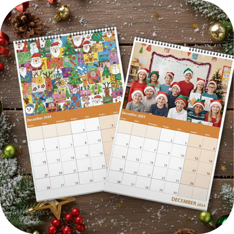 2 calendars. One has a collage of Children's Christmas drawings and the other has a class photograph of children wearing Santa hats