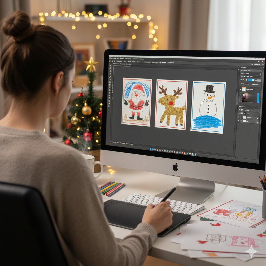 A gir with her back to the viewer using a design software to design Christmas cards with children's artwork