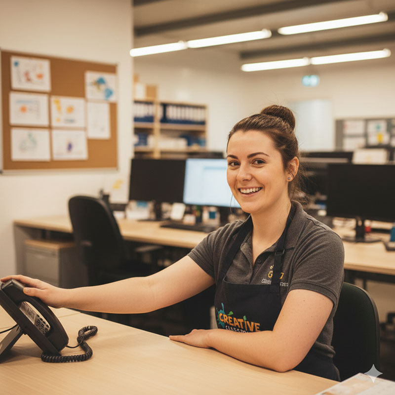 A girl wearing a creative classroom apron smiling as she rests her hand on the phone