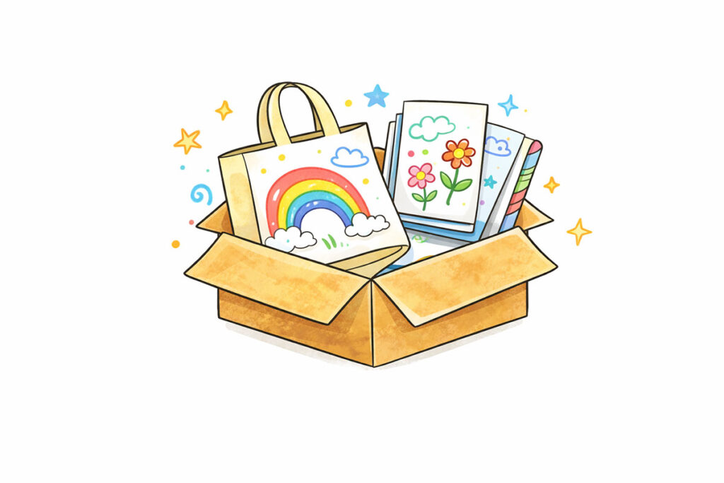 An illustration of an open box with products containing children's artwork in it