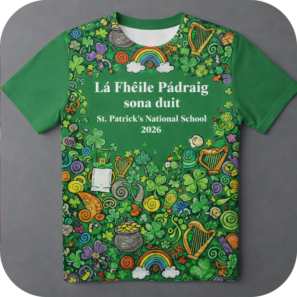 A green t-shirt with a collage of children's st.patrick's day artwork with the text written in Irish "Happy St. Patrick's Day." The school name and the year is also on the t-shirt. "St.Patrick's National School 2026."