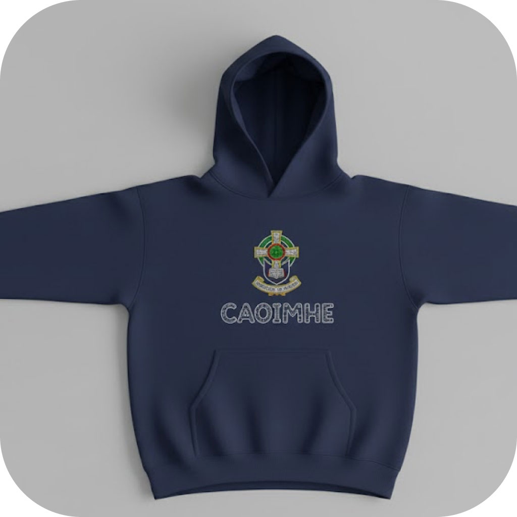 A navy hoody with a school logo and a student's name written below it in chunky personalised lettering