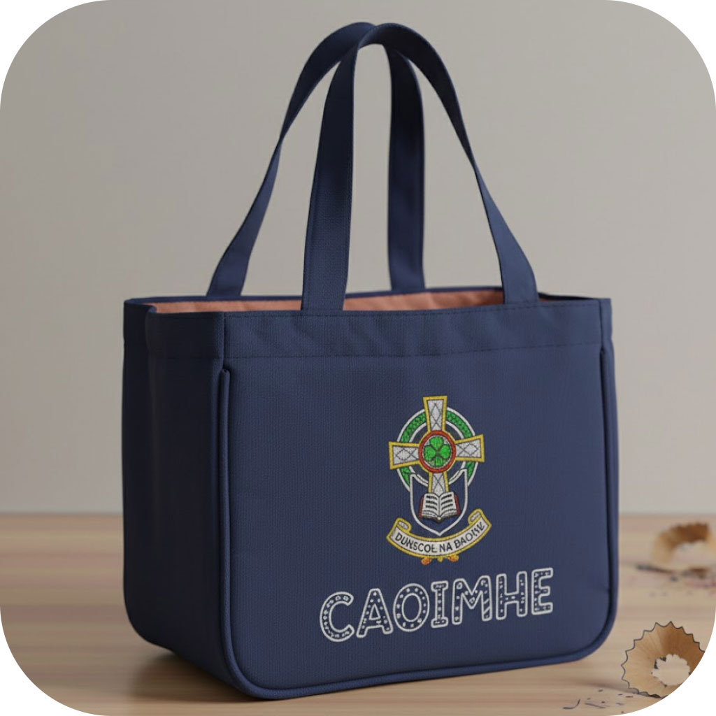 A lunch bag with a school logo and a student's name written below it in chunky personalised lettering
