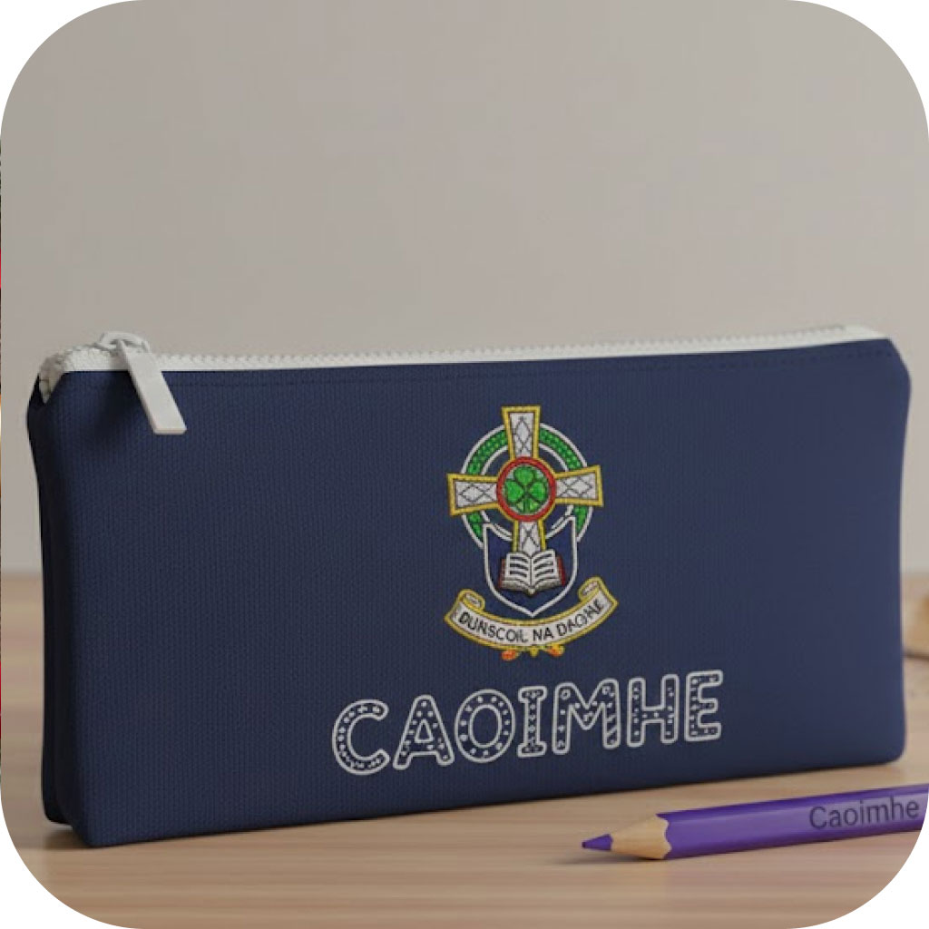 A navy pencil case with a school logo and a student's name written below it in chunky personalised lettering