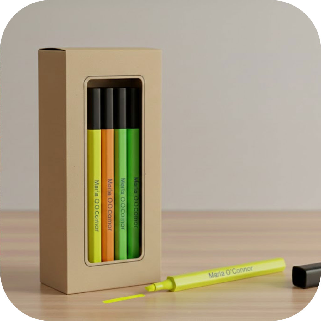 A box of highlighters with the name Maria O'Connor Printed on them