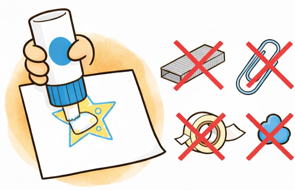 A paperclip, staple, tape, and blue tack with an X over them