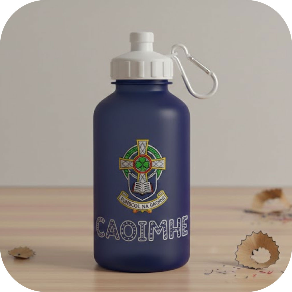 A navy pencil case with a school logo and a student's name written below it in chunky personalised lettering