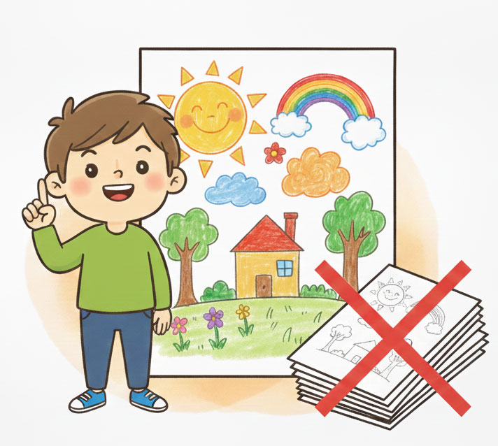 A child holding up 1 finger to demonstrate that they canonly submit 1 artwork. A stack of pages beside him with an X over them