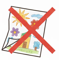 A piece of artwork with something that was stuck onto the page peeling off. An X is drawn over it