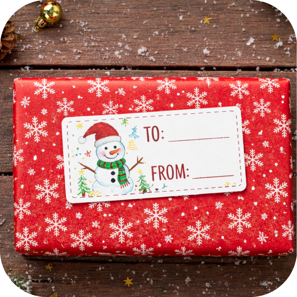 A gift with a a label on it that has a child like drawing of a snowman and the titles to and from for the person ro write beside.
